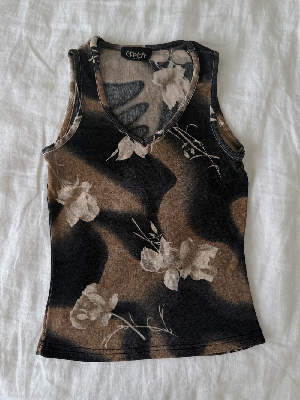 Black and Brown Floral V-Neck Tank Top